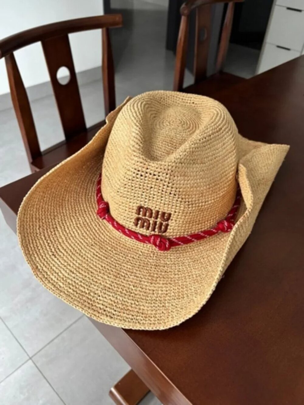 Miu Miu Raffia Straw Cowboy Sun Hat Woven Wide Brim Red Cord Logo - Picture 4 of 8